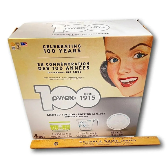 Pyrex Set 100th Anniversary 4 pc Polka Dot Green Bowl Measure Pie Plate 2015 New - Picture 10 of 11